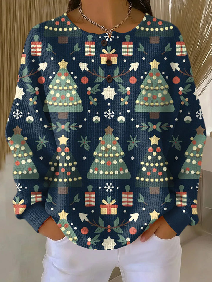 Women's knit button-front crew neck winter sweater with christmas pattern