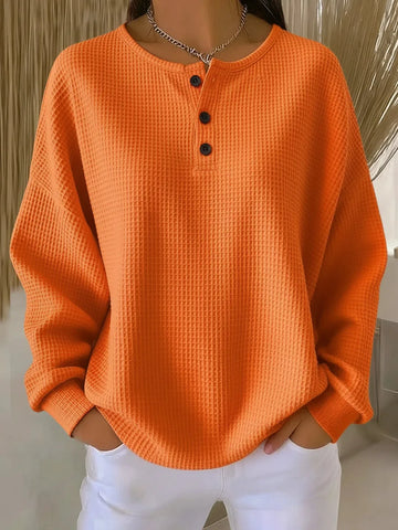 Women's knit button-front crew neck winter sweater with waffle texture