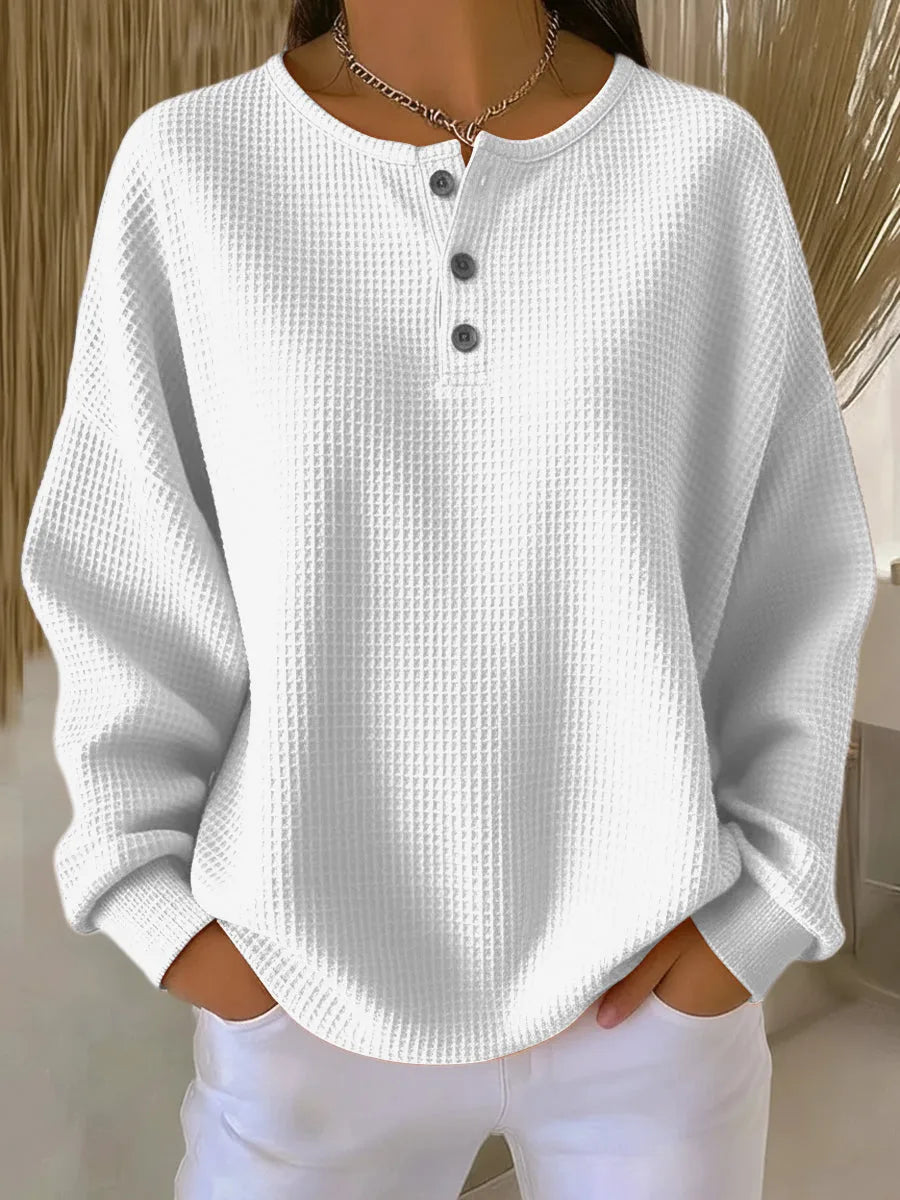 Women's knit button-front crew neck winter sweater with waffle texture