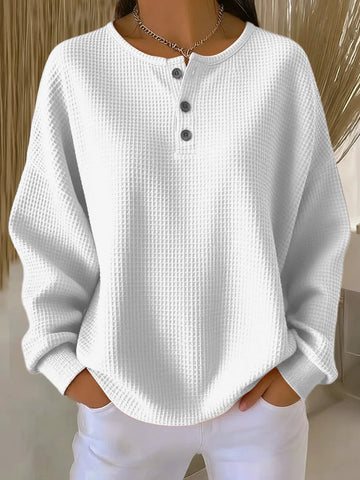 Women's knit button-front crew neck winter sweater with waffle texture