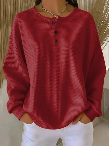 Women's knit button-front crew neck winter sweater with waffle texture