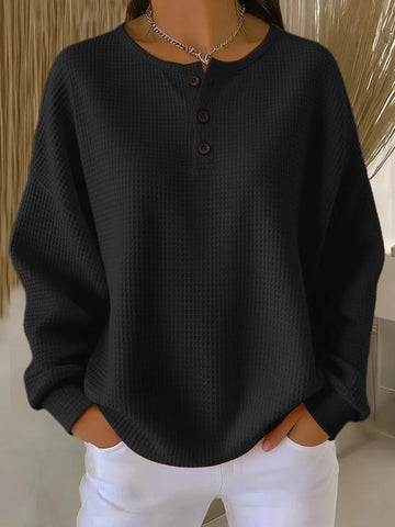 Women's knit button-front crew neck winter sweater with waffle texture