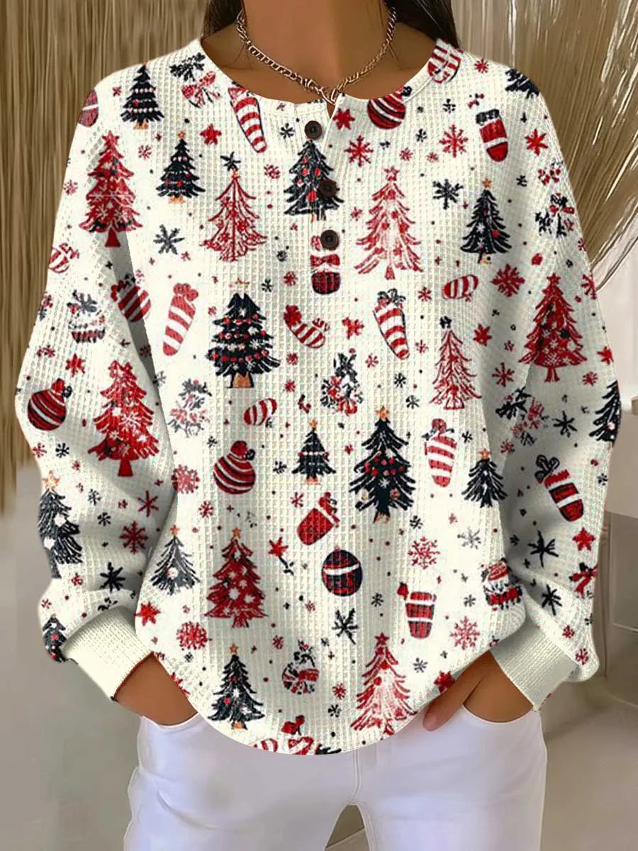 Women's knit button-front crew neck winter sweater with waffle texture in white