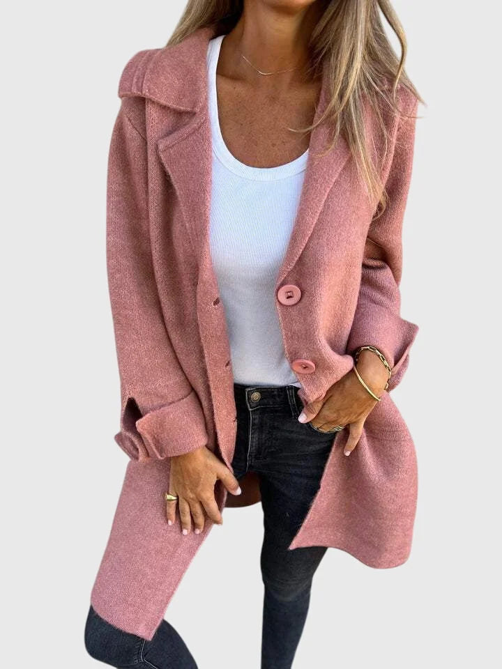 Women's knit button-front notch lapel winter cardigan with cuffed sleeves - Pink