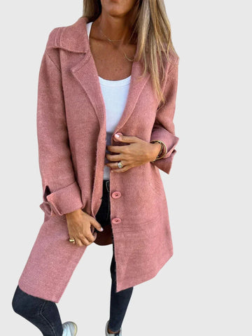 Women's knit button-front notch lapel winter cardigan with cuffed sleeves - Pink