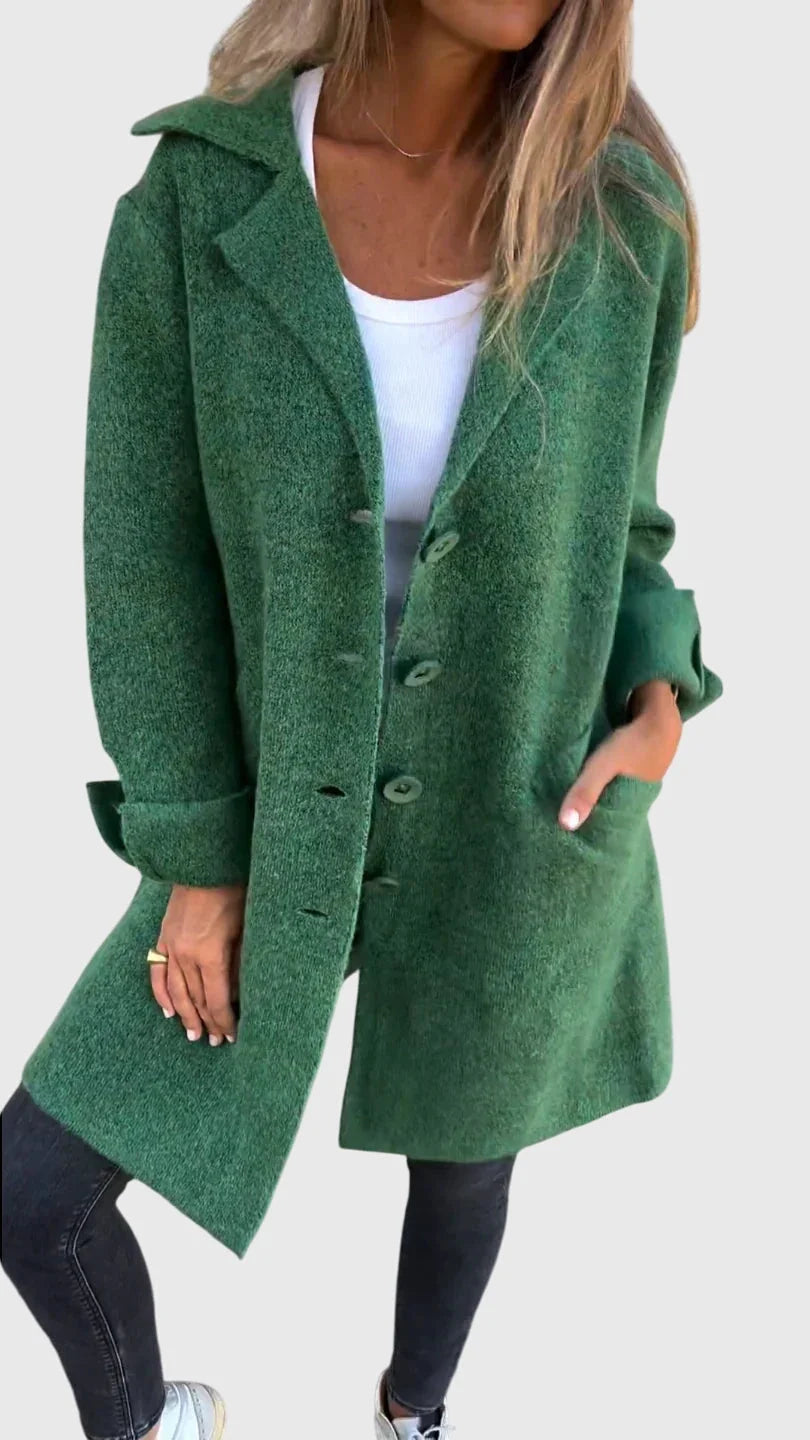 Women's knit button-front notch lapel winter cardigan with cuffed sleeves - Pink