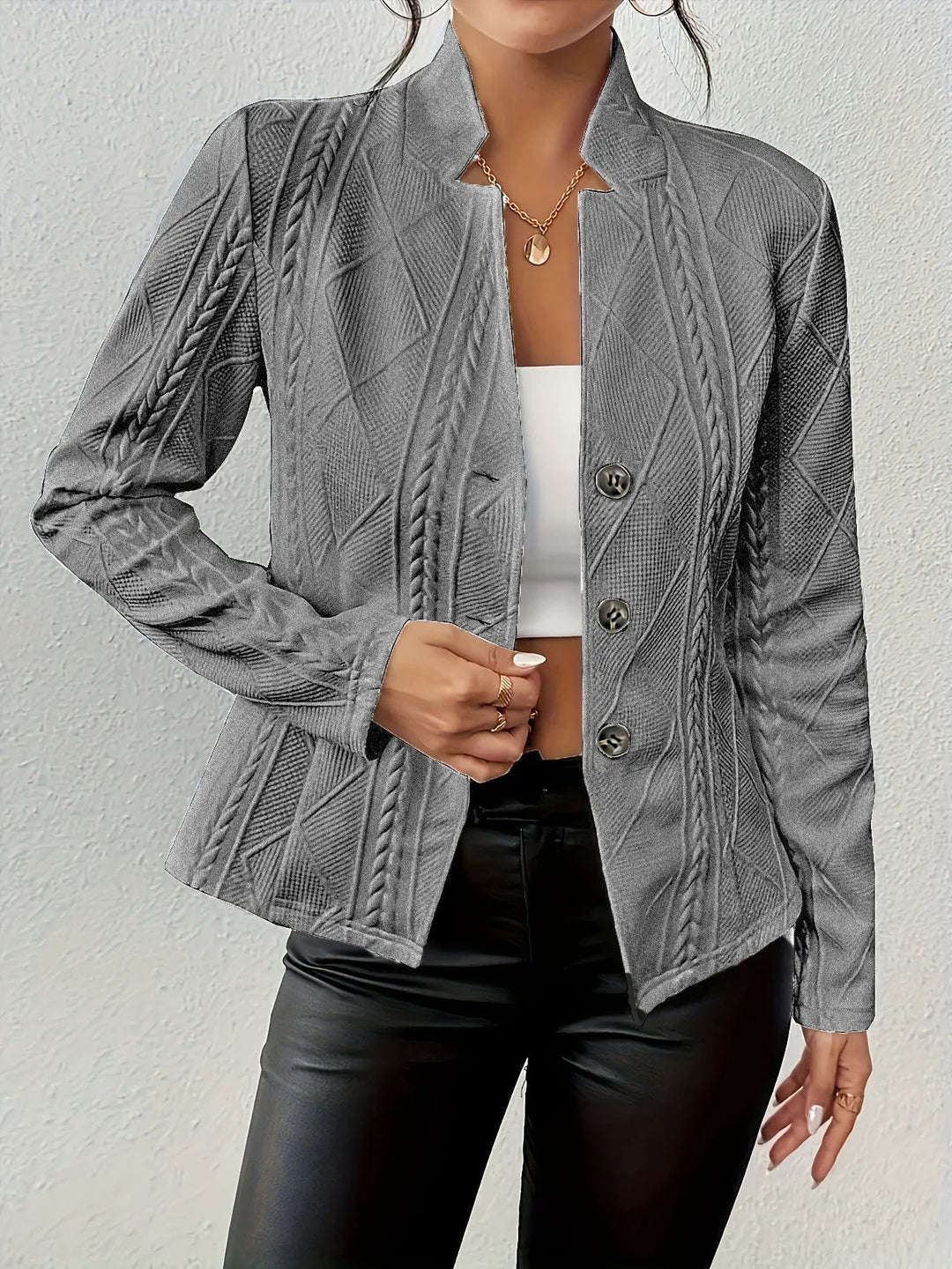 Women's knit button-front stand collar winter blazer