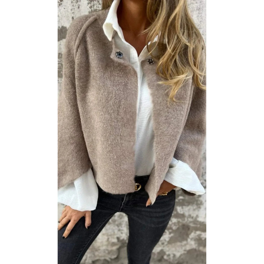 Women's knit button-front stand collar winter cardigan with two decorative