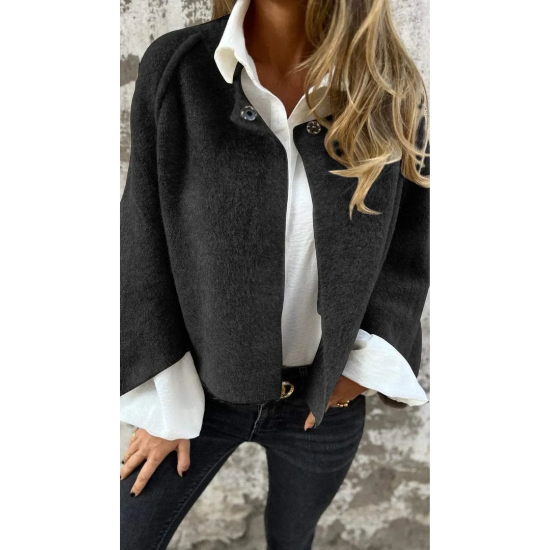 Women's knit button-front stand collar winter cardigan with two decorative