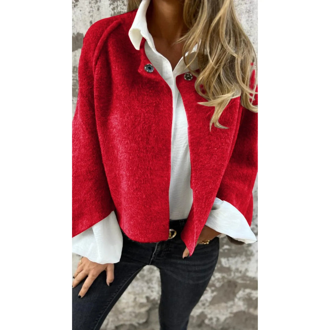 Women's knit button-front stand collar winter cardigan with two decorative