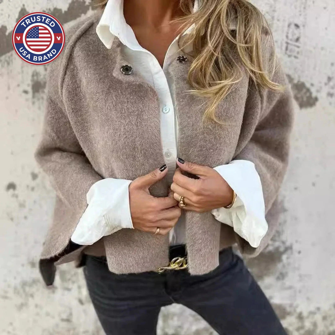 Women's knit button-front stand collar winter cardigan with two decorative