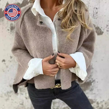 Women's knit button-front stand collar winter cardigan with two decorative
