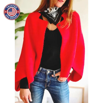 Women's knit button-front stand collar winter cardigan with two decorative