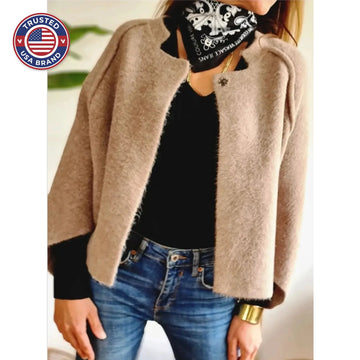 Women's knit button-front stand collar winter cardigan with two decorative
