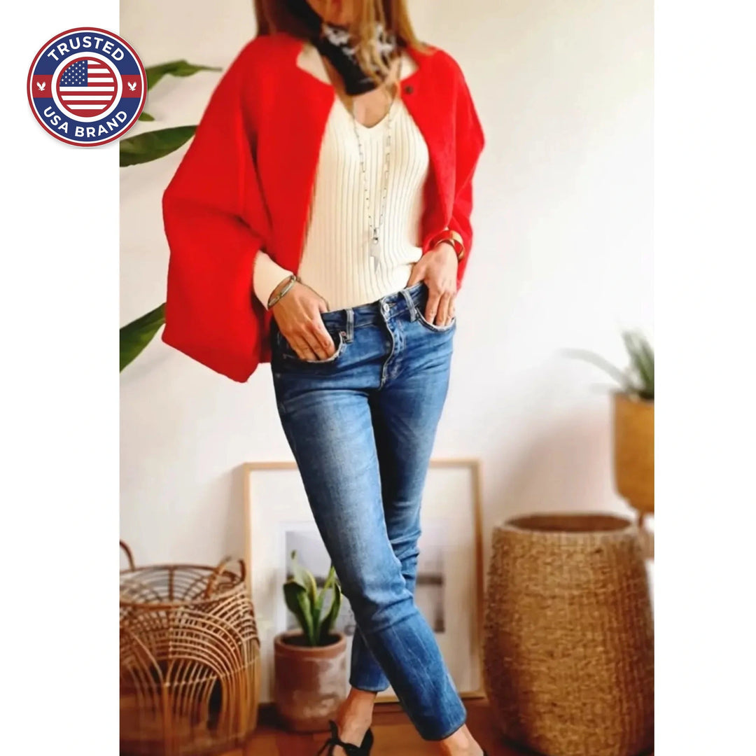 Women's knit button-front stand collar winter cardigan with two decorative