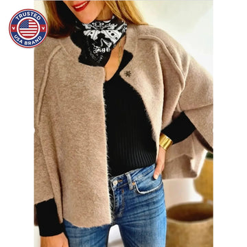Women's knit button-front stand collar winter cardigan with two decorative