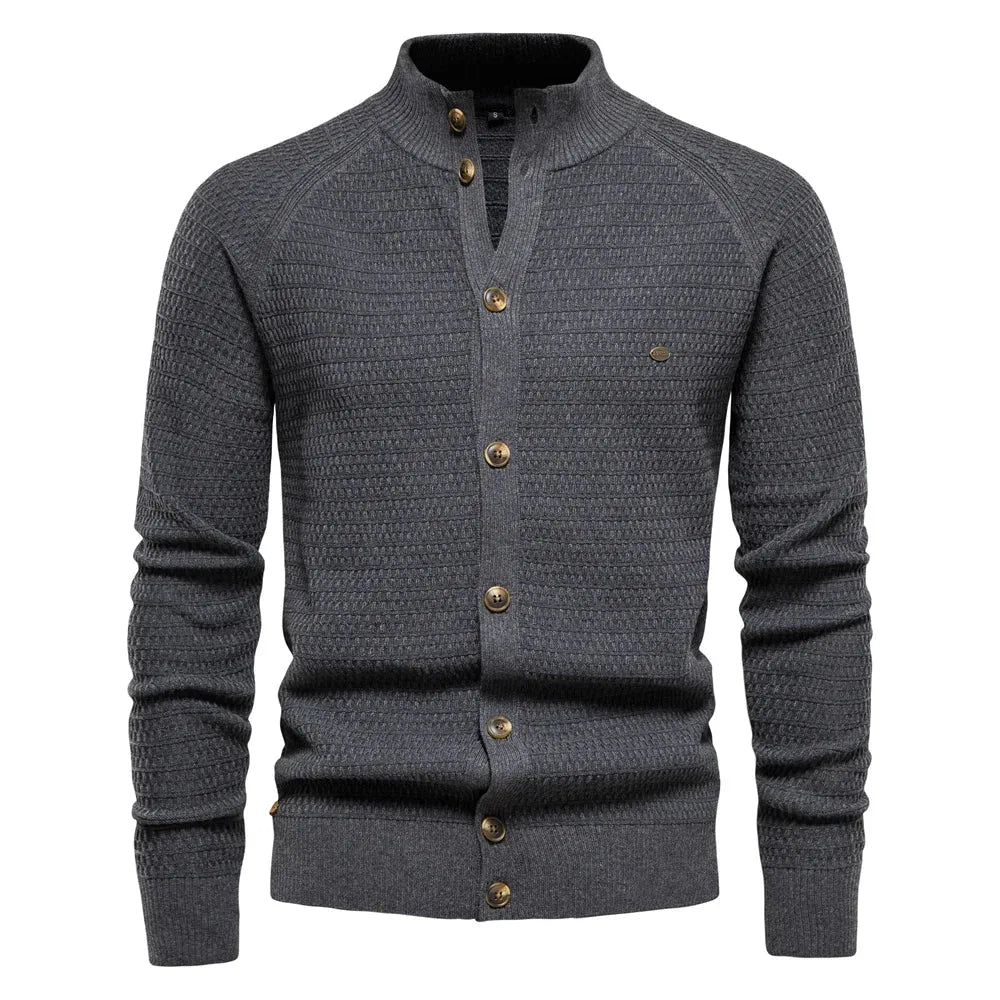 Women's knit button-front stand collar winter cardigan with waffle texture