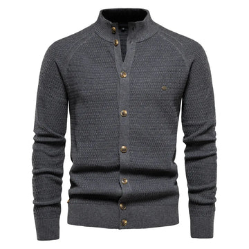 Women's knit button-front stand collar winter cardigan with waffle texture