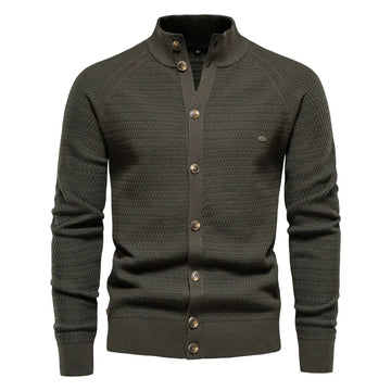 Women's knit button-front stand collar winter cardigan with waffle texture