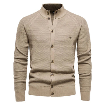 Women's knit button-front stand collar winter cardigan with waffle texture