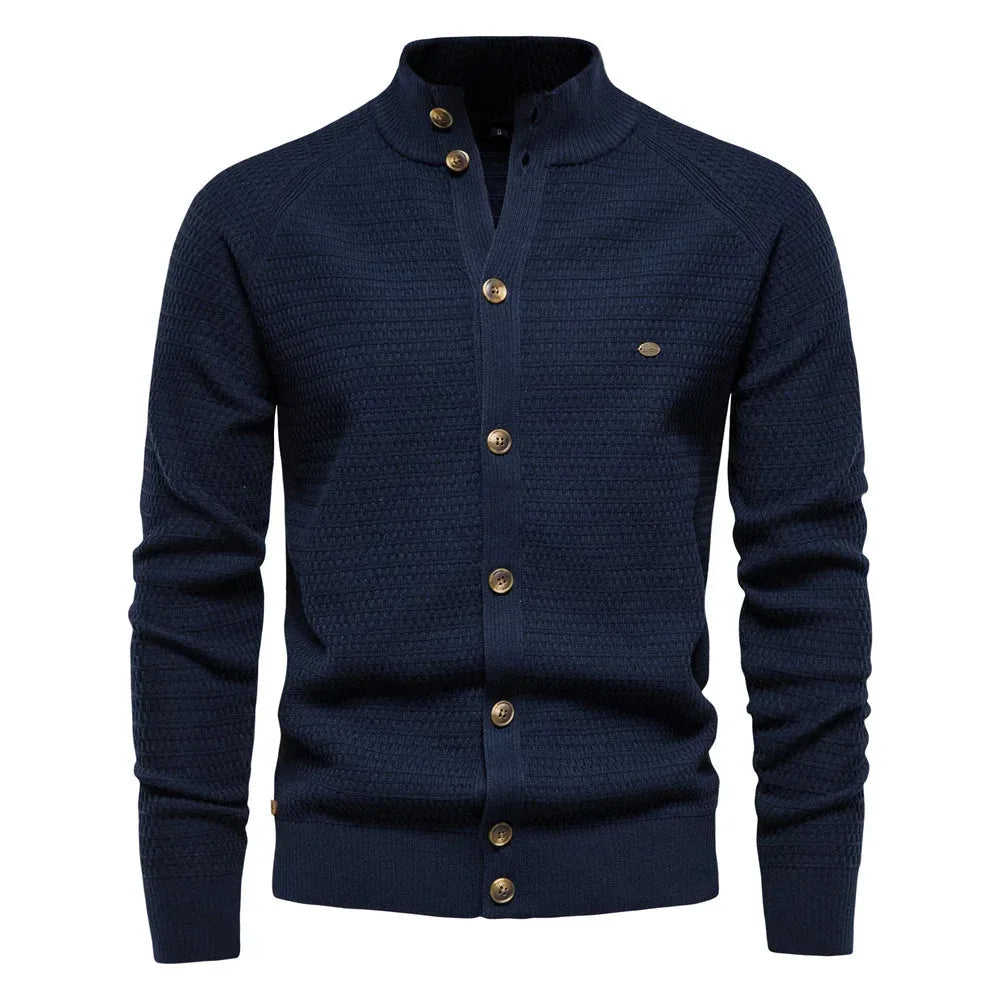 Women's knit button-front stand collar winter cardigan with waffle texture