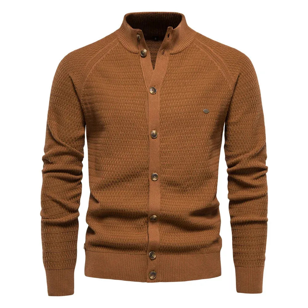 Women's knit button-front stand collar winter cardigan with waffle texture