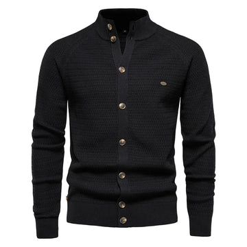 Women's knit button-front stand collar winter cardigan with waffle texture