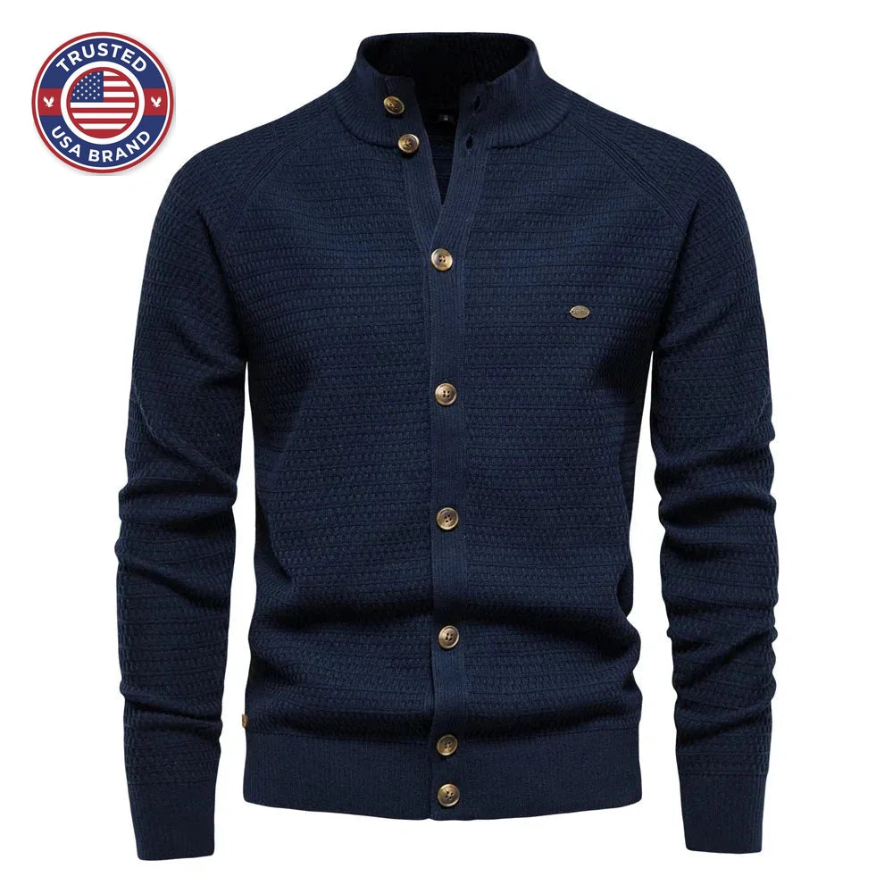Women's knit button-front stand collar winter cardigan with waffle texture