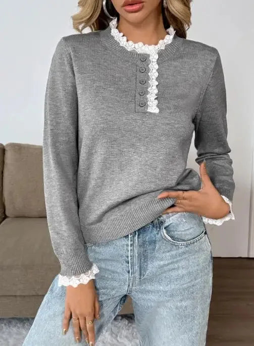 Women's knit button-front stand collar winter sweater with lace trim