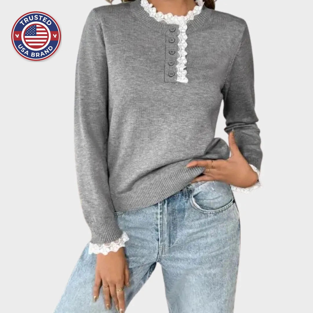 Women's knit button-front stand collar winter sweater with lace trim