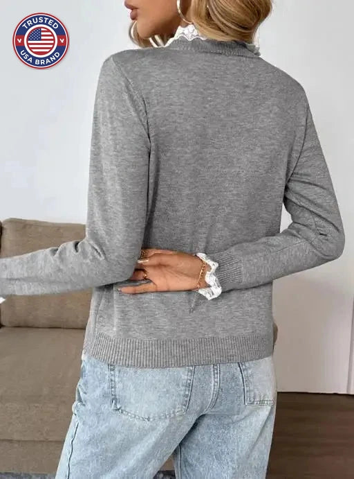 Women's knit button-front stand collar winter sweater with lace trim