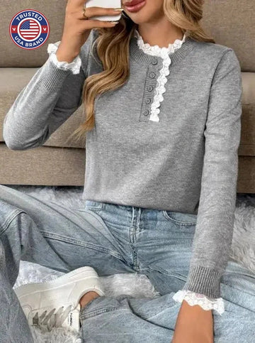 Women's knit button-front stand collar winter sweater with lace trim