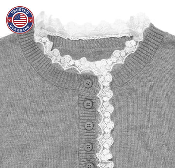 Women's knit button-front stand collar winter sweater with lace trim