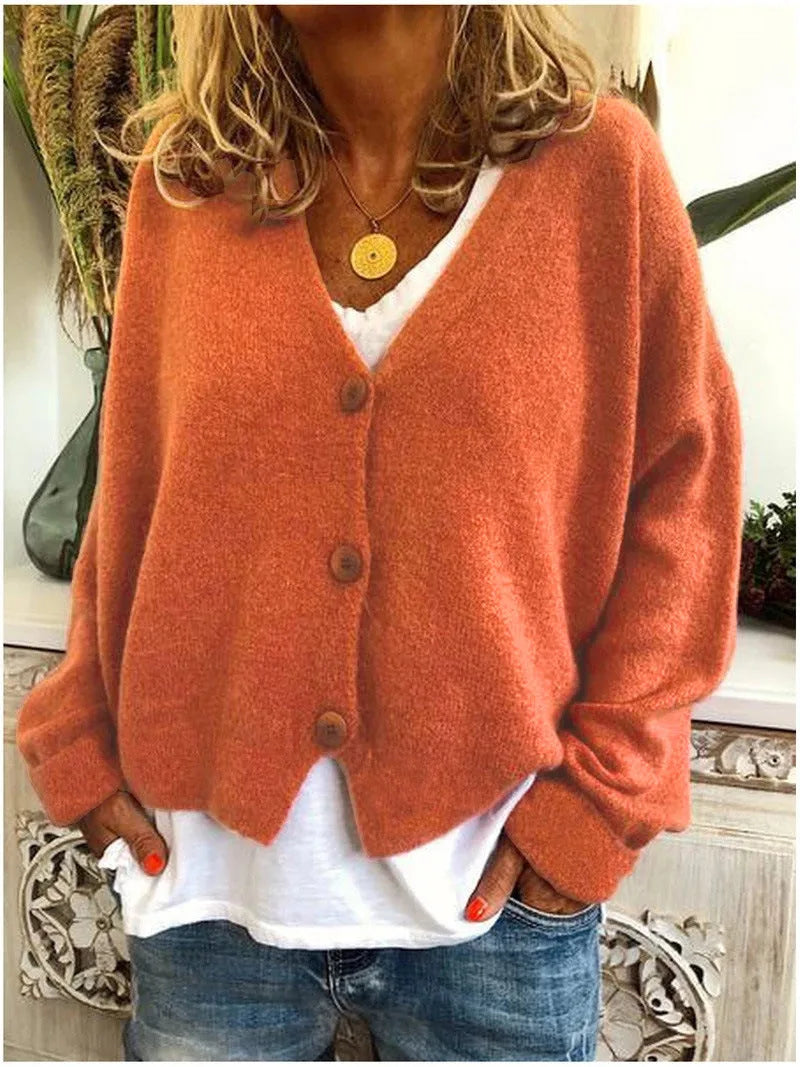 Women's knit button-front v-neck winter cardigan with dropped shoulders