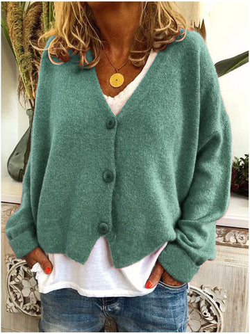 Women's knit button-front v-neck winter cardigan with dropped shoulders