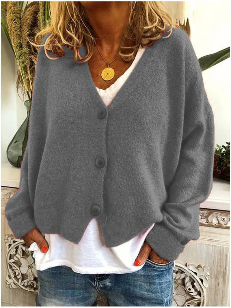 Women's knit button-front v-neck winter cardigan with dropped shoulders