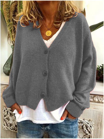 Women's knit button-front v-neck winter cardigan with dropped shoulders