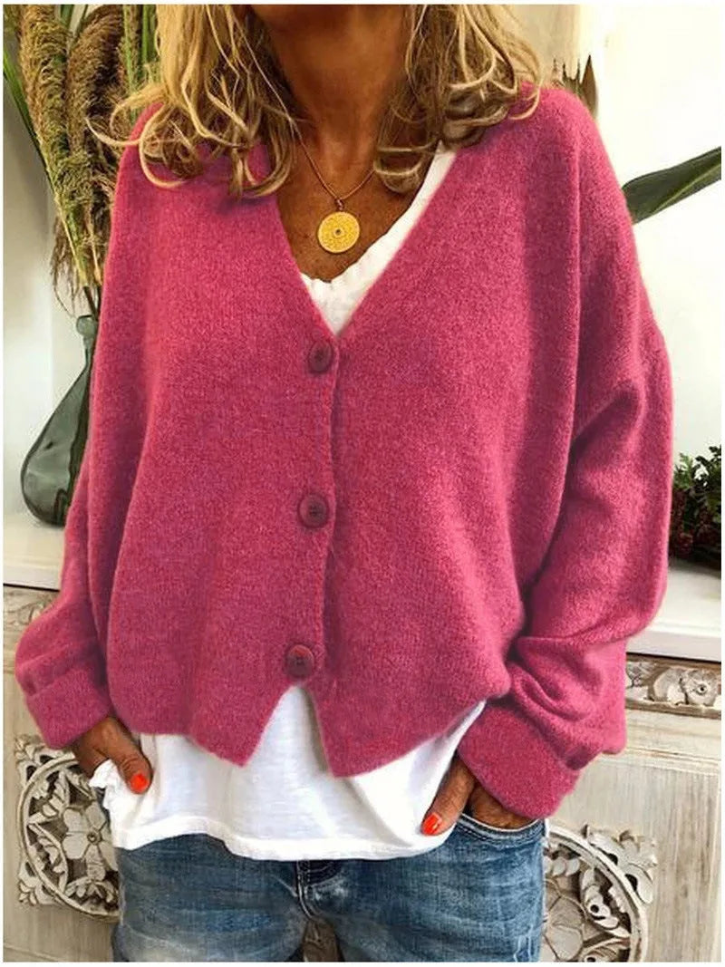 Women's knit button-front v-neck winter cardigan with dropped shoulders