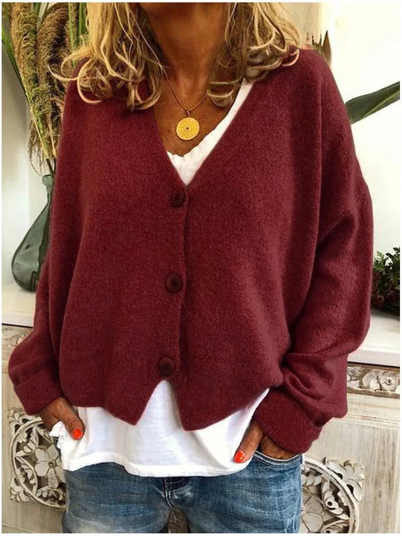Women's knit button-front v-neck winter cardigan with dropped shoulders