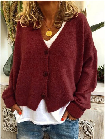 Women's knit button-front v-neck winter cardigan with dropped shoulders