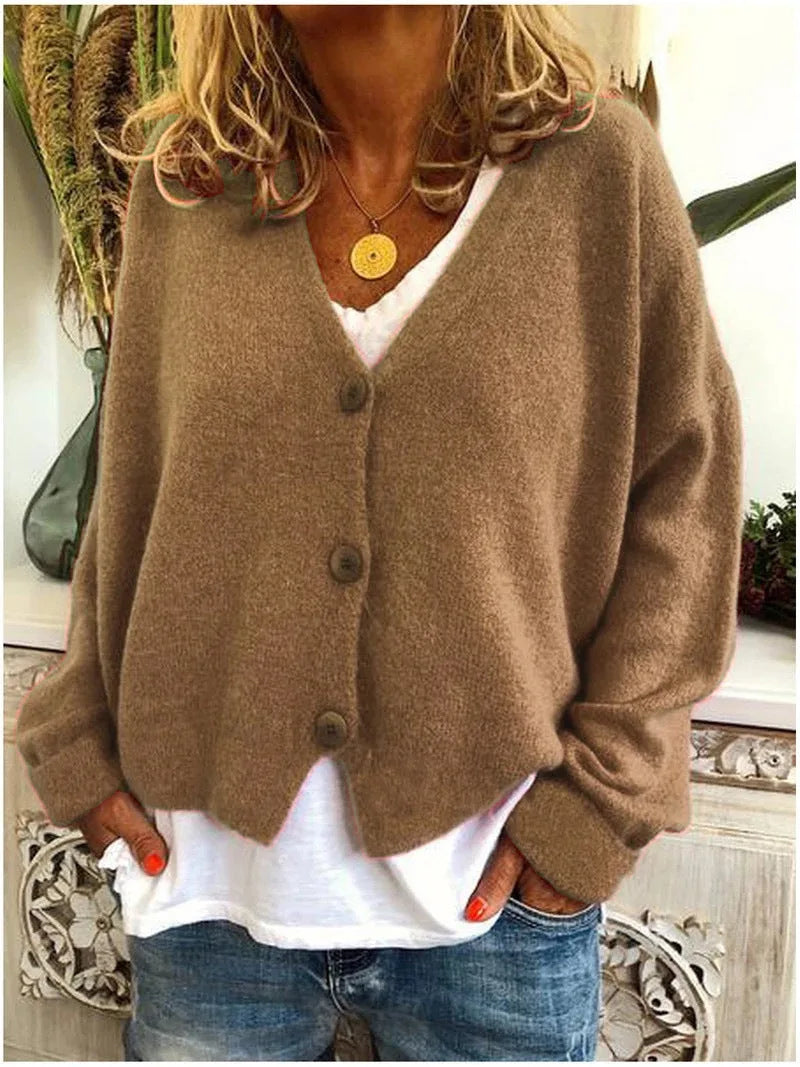 Women's knit button-front v-neck winter cardigan with dropped shoulders