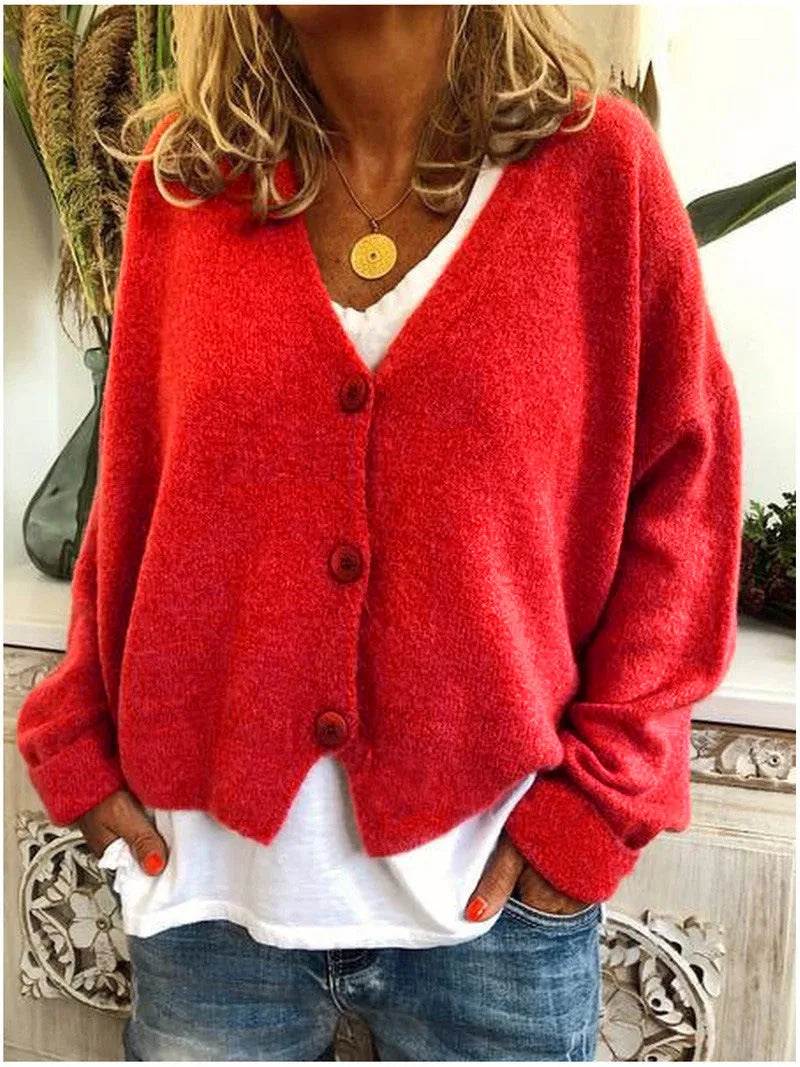 Women's knit button-front v-neck winter cardigan with dropped shoulders