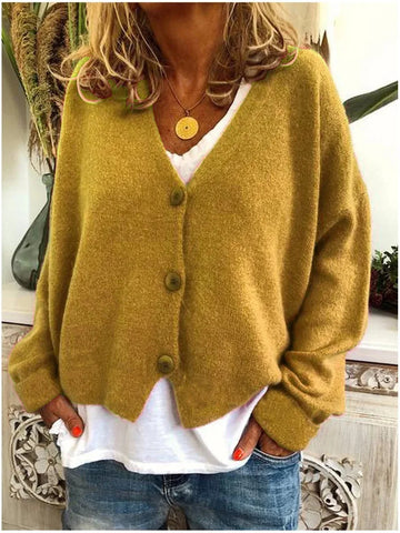 Women's knit button-front v-neck winter cardigan with dropped shoulders