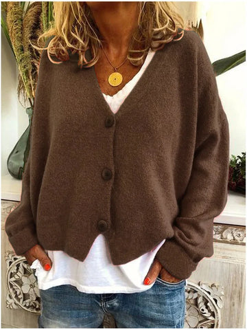 Women's knit button-front v-neck winter cardigan with dropped shoulders