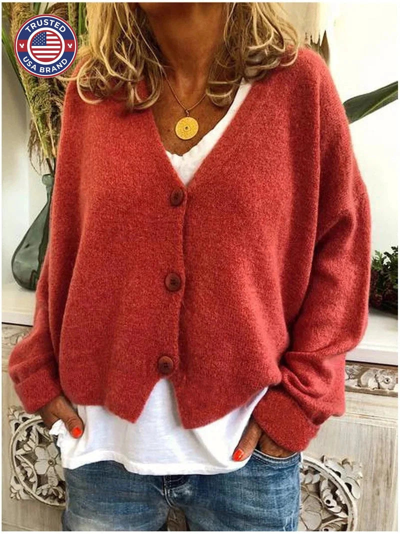 Women's knit button-front v-neck winter cardigan with dropped shoulders