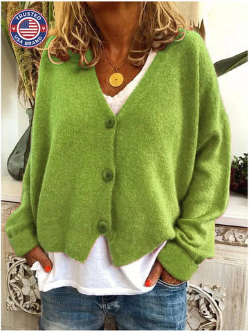 Women's knit button-front v-neck winter cardigan with dropped shoulders