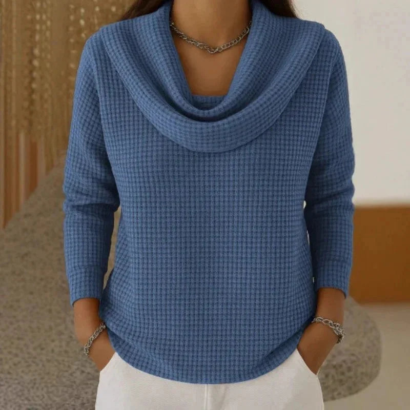 Women's knit cowl neck winter sweater with waffle texture - Blue