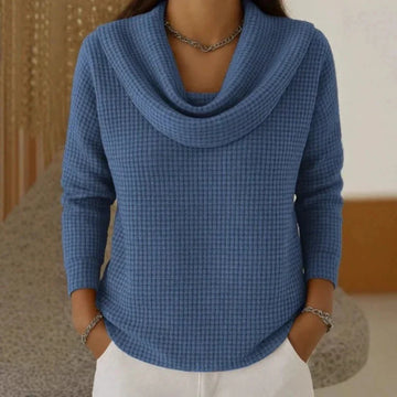 Women's knit cowl neck winter sweater with waffle texture - Blue