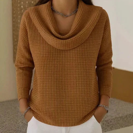 Women's knit cowl neck winter sweater with waffle texture - Blue