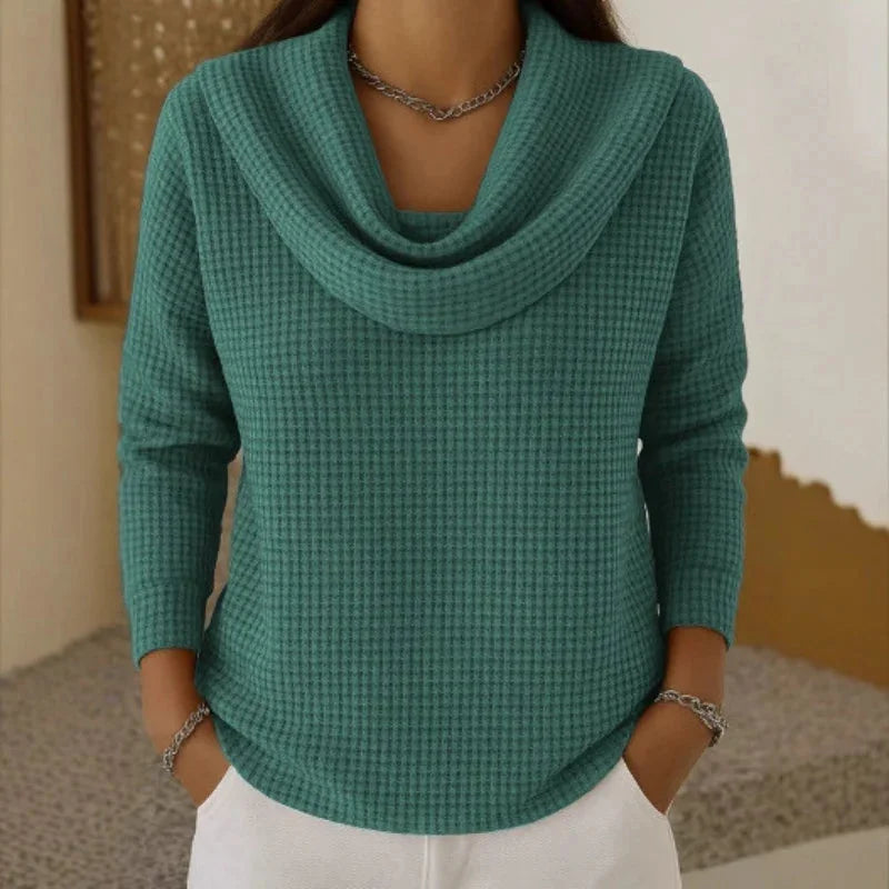Women's knit cowl neck winter sweater with waffle texture - Blue